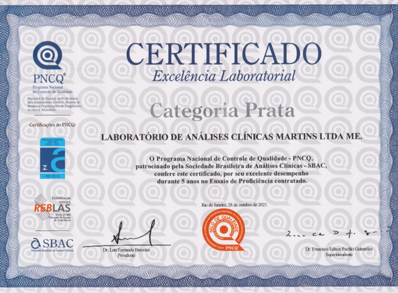 Certificado Categoria Prata do PNCQ (Programa Nacional de Controle de Qualidade)